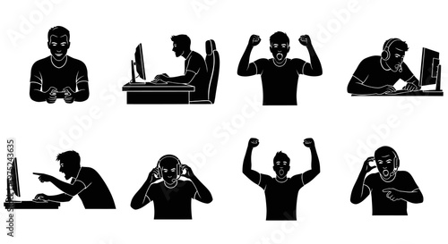 Gaming Esports Gamers Silhouette Vector Icon Set - Playing Video Games  Emotional Reactions
