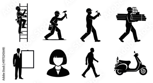 Business, Construction, and People Occupations Black  White Silhouette Icon Set