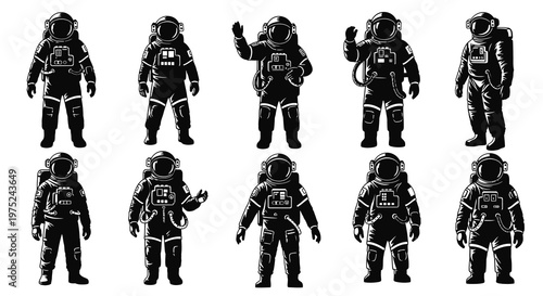 Space Exploration Industry Astronauts Black and White Glyph Vector Illustration Set
