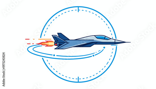 Modern Jet Fighter Aircraft Flying Fast with Exhaust Flames and Orbiting Lines