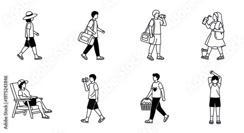 Line Art Icons of People Enjoying Summer Activities and Healthy Lifestyle