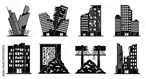 Disaster Destroyed Buildings and City Ruins Silhouette Vector Icons Set