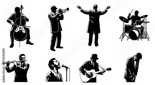 Jazz Musicians and Instruments Black  White Silhouette Vector Illustration Set