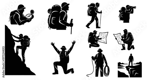 Outdoor Adventure Hiking Climbing People Black Silhouette Vector Art Set
