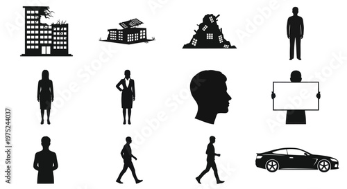 Diverse Vector Glyph Silhouettes: Buildings, People, Disaster, Business  Car Icon Set