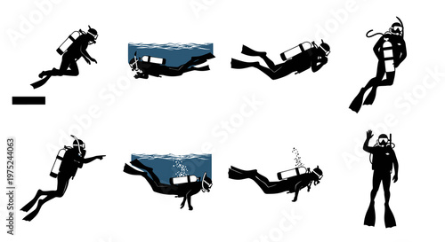 Scuba Diving Black  White Silhouette Vector Icons Set