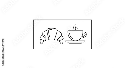 Croissant and hot coffee cup icon, simple line art, breakfast, morning, food and drink concept