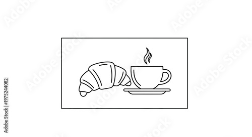 Croissant and Hot Coffee Cup with Steam on Saucer, Minimalist Line Art