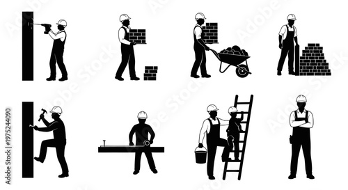 Construction Worker Silhouette Glyphs Set. Builder, Foreman, and Tools Icons Vector
