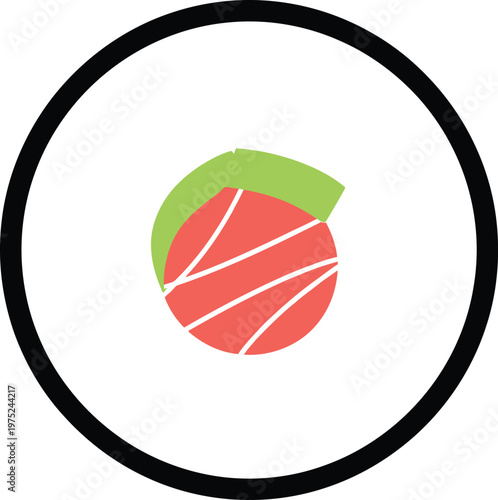 Watermelon slice in circle frame with green rind on in minimalist style for food blog on transparent background