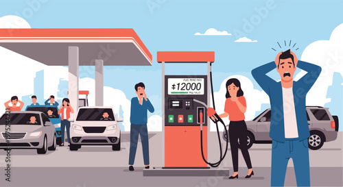 Frustrated drivers at a gas station with high fuel prices.