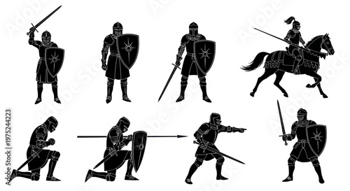 Medieval Knights in Silhouette Style Vector Art for Historical Battle and Fantasy Illustrations