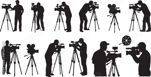 Silhouettes of photographers at work with various equipment setups