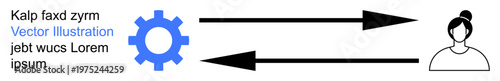 Data management, technology workflow, communication systems, information exchange, automation, user interface. Blue gear and arrows pointing to and from a user. Data management and technology