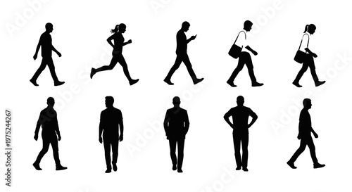 Daily Life People Silhouettes Vector Art: Walking, Running, Standing Human Figures Set