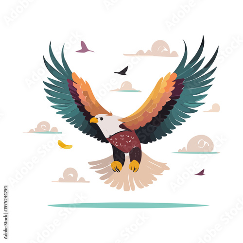 eagle flying with wide wingspan in clouds for freedom and power concepts and adventure travel agency branding for outdoor enthusiasts and nature lovers