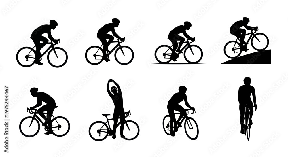 Obraz premium Cyclist silhouettes set: sports bicycle rider poses black vector illustration collection