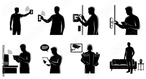 Smart Home Automation and Security Silhouette Set in Black and White Vector Style