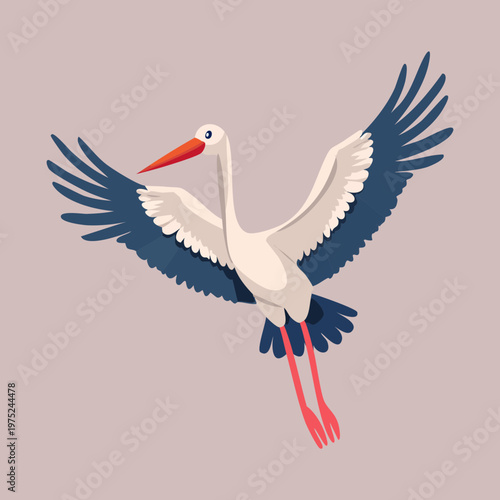 majestic stork flying with long legs for nursery room decor and baby delivery symbols and wetland nature conservation posters in clean vector art style