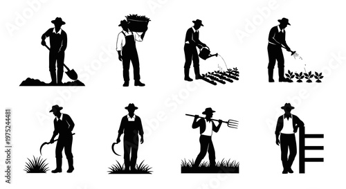 Agricultural farmer silhouette vector set with tools in black and white illustration style