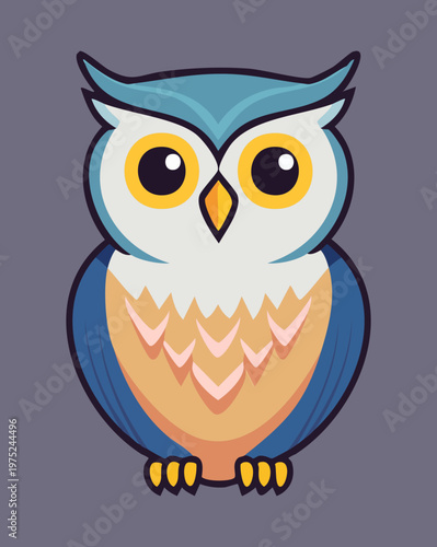 cute owl sitting in night sky for nursery decor and kids educational materials about nocturnal animals and forest wildlife in modern digital art style