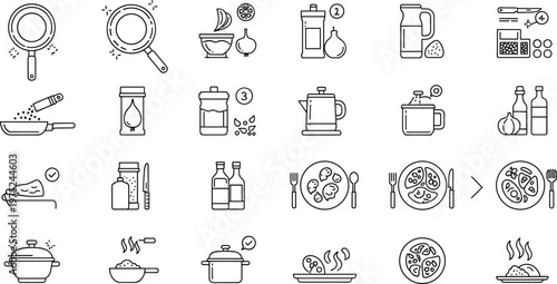 Kitchen cooking process line icons set with utensils ingredients preparation steps and food stages minimal outline vector collection