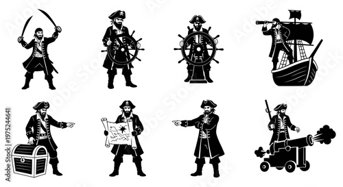 Adventure Nautical Pirate Characters Silhouette Vector Icons Set