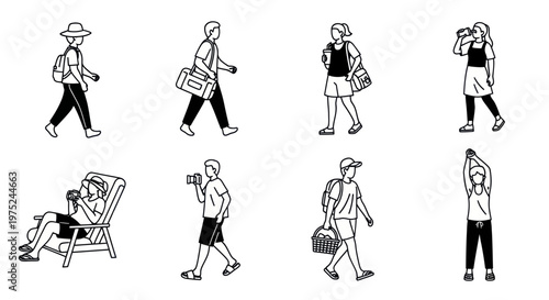Black and White Line Art Icons of People in Various Lifestyle and Outdoor Activities