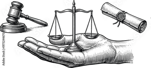 Law gavel scales of justice hand and scroll vintage symbols.