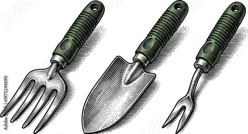 Gardening hand tools trowel fork set for planting cultivation.