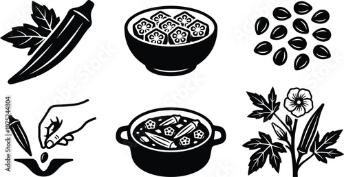 Collection of black and white okra plant elements and culinary dishes set.