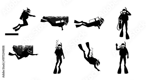 Scuba Diving Silhouettes Vector Set: Black and White Divers for Underwater Sports and Recreation