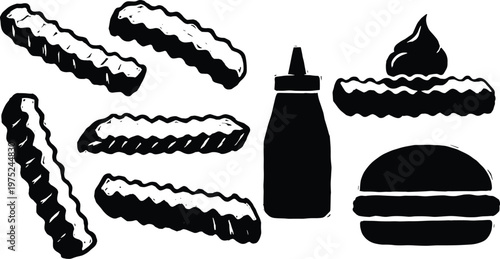 Fast food meal set with crinkle cut french fries burger and condiment.