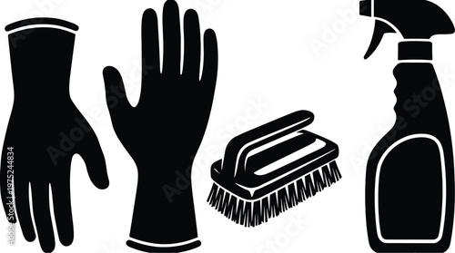 Cleaning equipment set with rubber gloves scrubbing brush spray bottle.