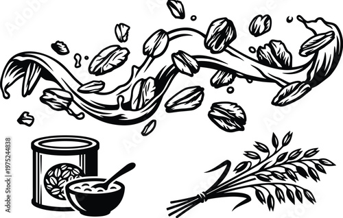 Set of black and white vintage illustrations of breakfast cereals.