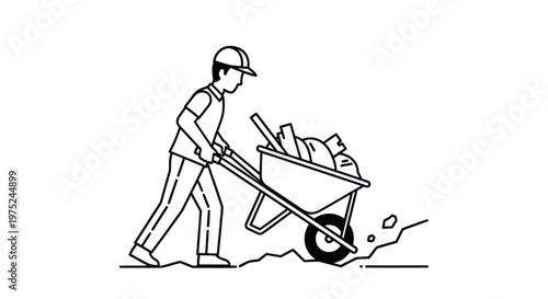 Black  White Line Art: Construction Worker Pushing Heavy Wheelbarrow on Site