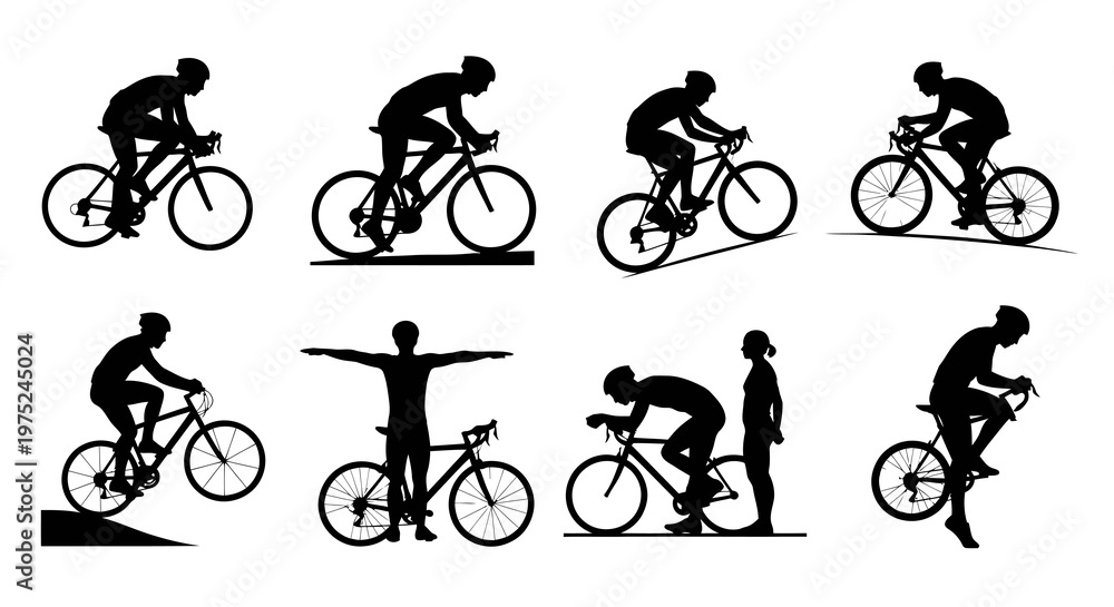 Fototapeta premium Cycling Sports Silhouettes: Diverse Black and White Vector Bicycle Riders