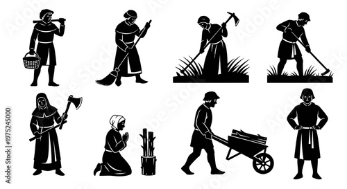 Medieval Peasant Life Silhouettes: Historical Labor and Daily Tasks Vector Glyph Set