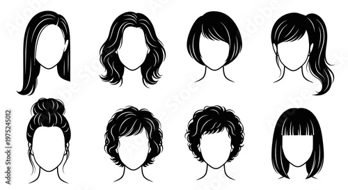 Women Hairstyles Black  White Line Art Glyph Vector Set for Beauty Fashion Industry