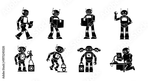 Robotics Technology AI Robots Black and White Glyph Icons Set
