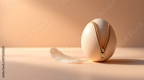 A smooth beige egg with a golden zipper closure placed beside a soft white feather against a minimalist studio background in soft lighting