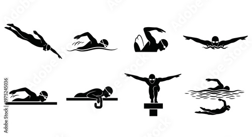 Swimming Sports Vector Silhouettes Collection: Swimmers, Dives, and Strokes Glyphs