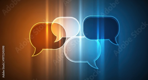 Sleek 3d translucent speech bubbles with glowing edges on gradient background for business communication theme