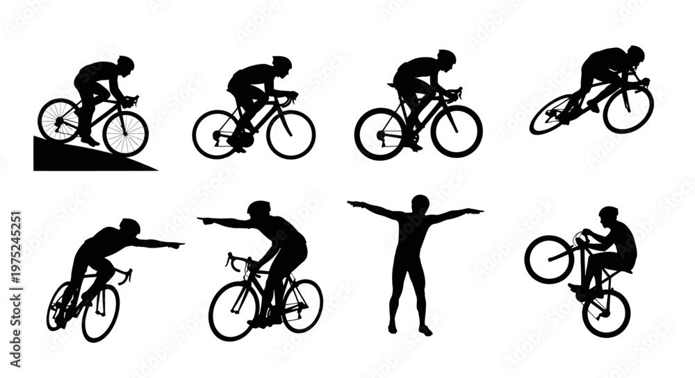 Obraz premium Cyclist Silhouettes: Racing, Standing, and Wheelie Poses - Vector Art
