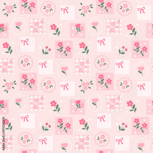 Cute Pink Floral Patchwork Seamless Pattern with Plaid Squares Ribbons and Pastel Flowers for Fabric Textile Design