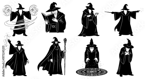 Black and White Wizard Silhouette Set - Magic and Fantasy Art Style
