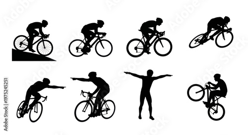 Cyclist Silhouettes: Racing, Standing, and Wheelie Poses - Vector Art