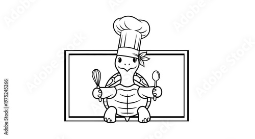 Cute Chef Turtle Holding Whisk and Spoon, Cartoon Animal Character