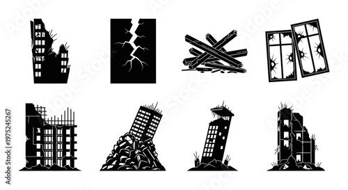 Black and White Icons of Ruined Buildings and Debris
