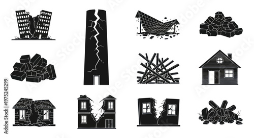 Black and white glyphs of earthquake damage: collapsed buildings, debris, and ruins